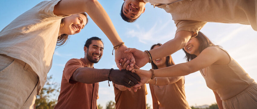 Diverse friends stacking hands in unity under a sunny blue sky, captured from a low angle with warm golden light, ideal for teamwork, community, and diversity lifestyle concepts