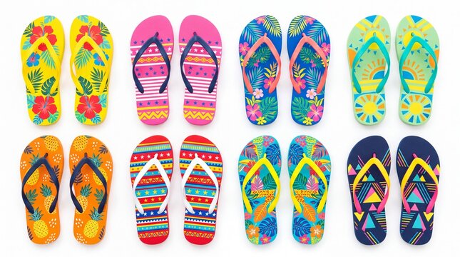 Colorful vibrant flip flop sandals displayed in neat rows for summer vacation on white background