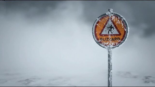 Blizzard warning sign standing tall amidst a powerful winter storm in this cinematic motion footage featuring intense swirling white snow