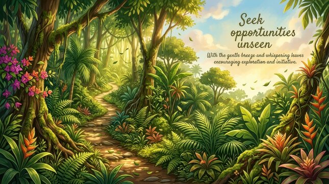 Enchanting jungle path with lush tropical foliage, vibrant flowers, and inspirational text about seeking opportunities unseen.