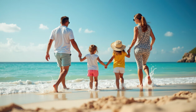 family beach parents and two children walking hand in hand along sun-drenched shoreline with turquoise sea and golden sand, candid family beach moment showing motion, laughter,