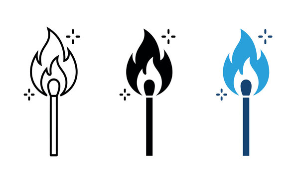 A set of three matching stick match icons displays varying color schemes on a white background flame matches ignite lighting