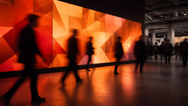 People walking past a large, glowing geometric orange wall display.