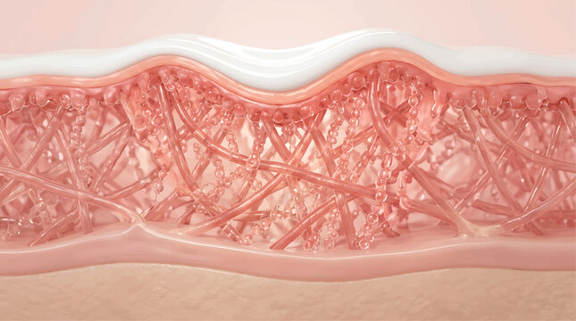 A detailed medical illustration showing the cross section of human skin layers including the epidermis and dermis structures