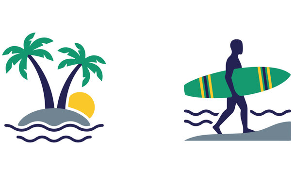 Tropical island with palm trees and surfer carrying surfboard vector icon set for summer vacation and beach travel designs