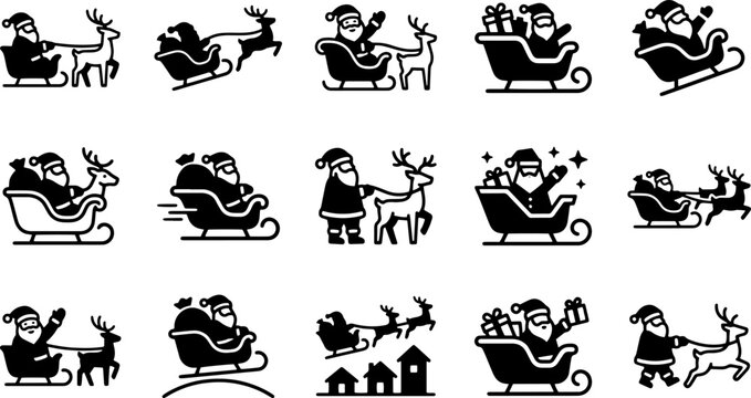 Santa claus sleigh and reindeer silhouette collection for christmas invitation.