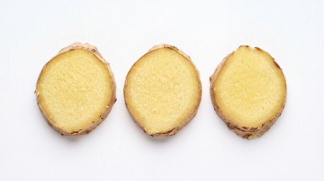 Three fresh sliced raw ginger root pieces arranged neatly in studio lighting on white background