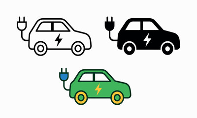 Fototapeta premium Electric vehicle icons depict charging cars in black white and green color variations against a white backdrop car automotive transportation