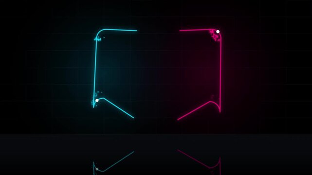 Dynamic synthwave retro aesthetic copy space with moving glowing lines. Dark grid background and neon light box logo reveal animation.