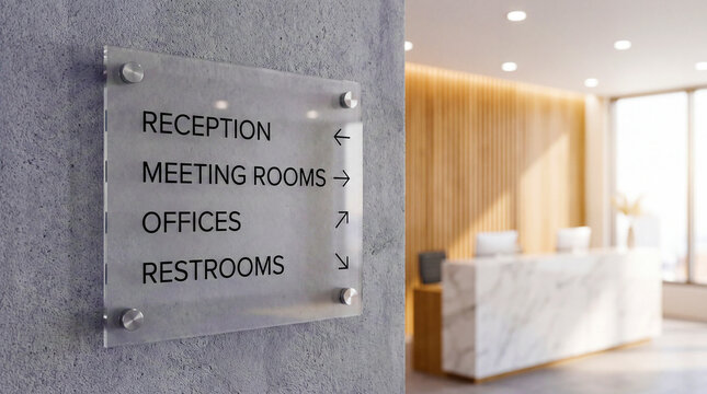 A transparent glass directional sign mounted on a textured gray wall in a modern office building with professional office environment text directional arrows