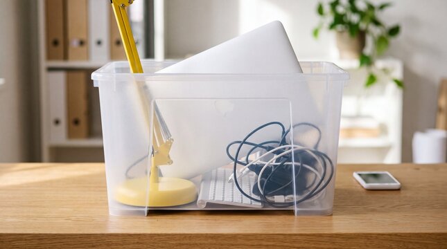 A clear plastic storage bin containing a laptop a yellow lamp and computer cables on a desk with translucent plastic container office equipment