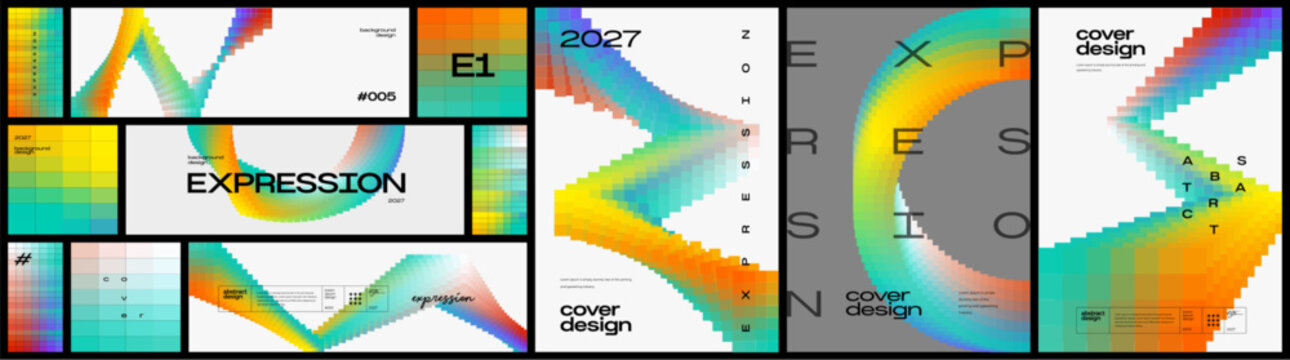 Abstract pixel gradient poster set. Vector illustration of colorful geometric ribbons, flowing shapes, digital blocks and modern cover designs for graphic design, branding and print.