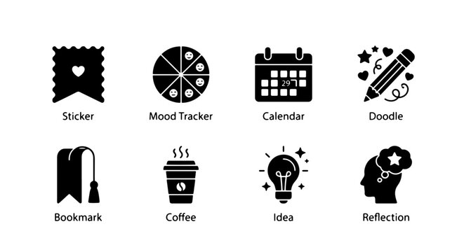 Productivity Icons Set: Sticker, Mood Tracker, Calendar, Doodle, Bookmark, Coffee, Idea, Reflection Icons for Planning and Organization