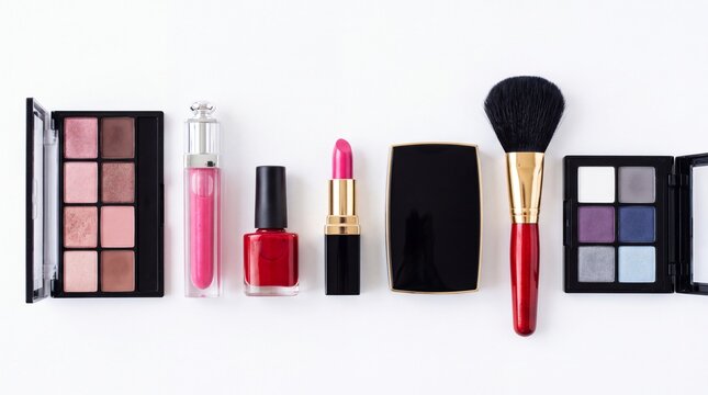 Cosmetic beauty products including eyeshadow lipstick and makeup brushes arranged neatly for display on white background