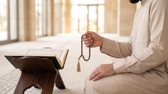 Muslim man kneeling with quran and prayer beads in mosque