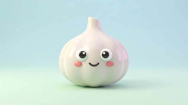 Cute cartoon garlic character with a happy face and pink cheeks standing on a soft pastel blue and green background