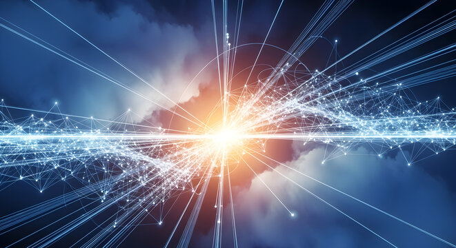 Bright blue cosmic energy burst with radiant white light and particle trails for technology innovation power concepts and futuristic backgrounds