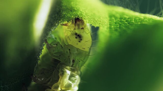 Macro view of a green caterpillar eating a leaf with dew drops