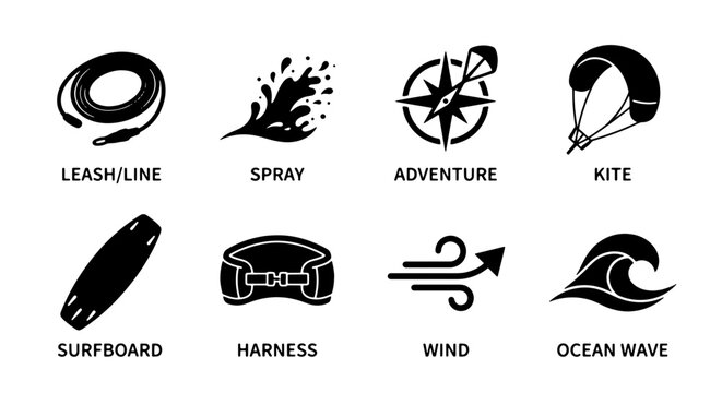 Kite Surfing Equipment Icons: Leash, Spray, Compass, Kite, Surfboard, Harness, Wind, Ocean Wave - Vector Set