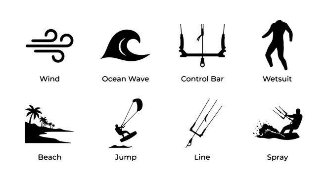 Kitesurfing Vector Icons Set: Wind, Wave, Control Bar, Wetsuit, Beach, Jump, Line, Spray, Water Sports Equipment Graphics