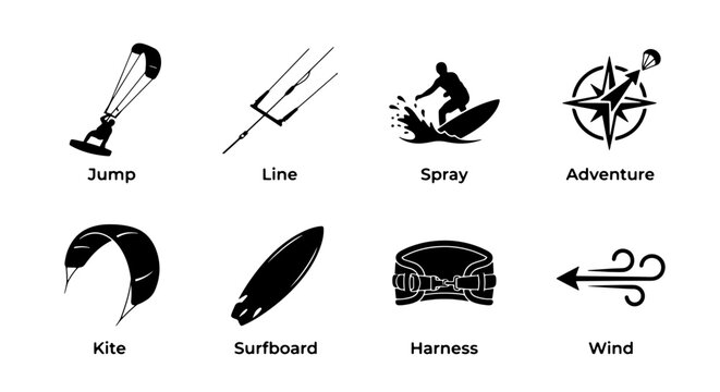 Kitesurfing Equipment Icons: Jump, Line, Spray, Adventure, Kite, Surfboard, Harness, Wind Symbols