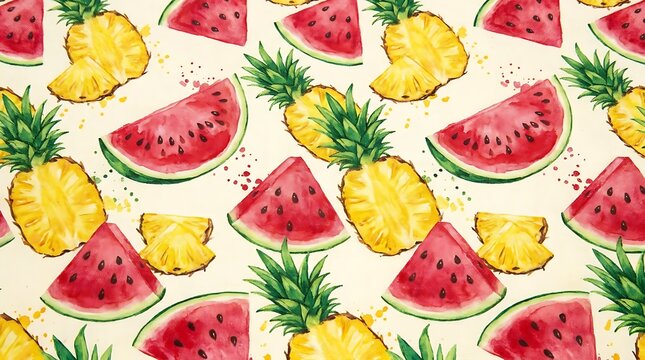 Fresh pineapple and watermelon slice pattern design with colorful watercolor fruit illustrations for summer food art