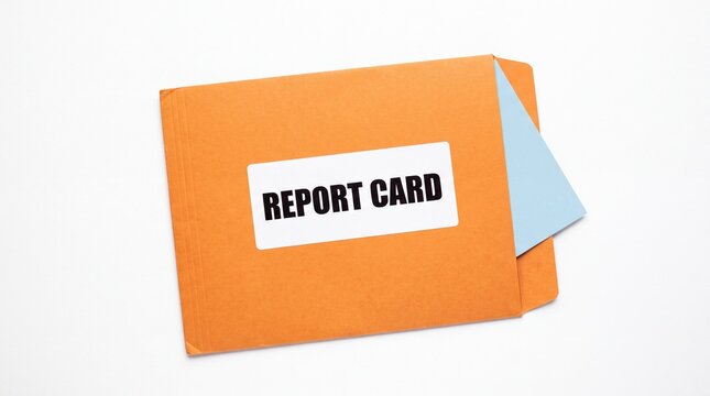 Orange paper envelope containing academic results labeled report card displayed flat top view on white background