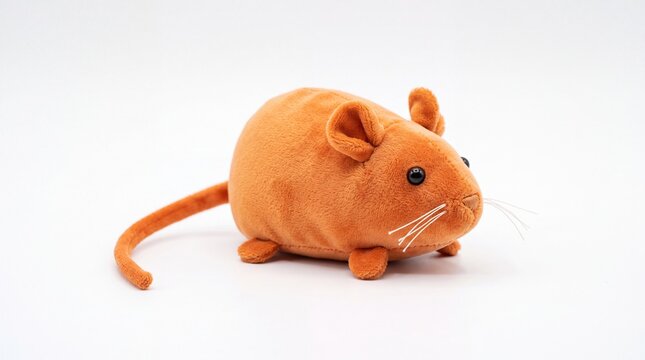 Cute small orange plush mouse toy captured from a side profile angle placed on white background