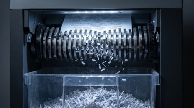 Industrial paper shredder machine destroying sensitive documents in office.