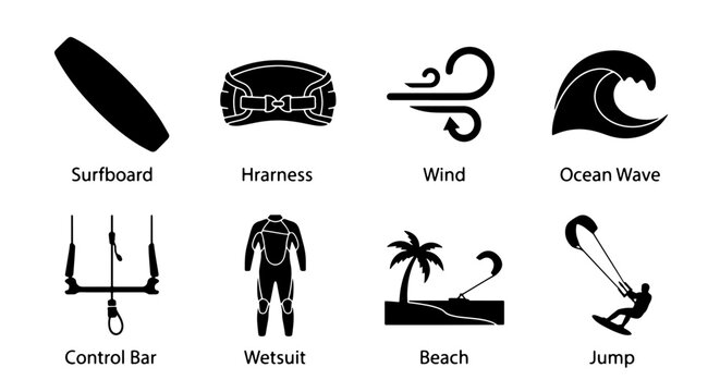 Kitesurfing Equipment and Action Icons: Surfboard, Harness, Wind, Wave, Control Bar, Wetsuit, Beach, Jump