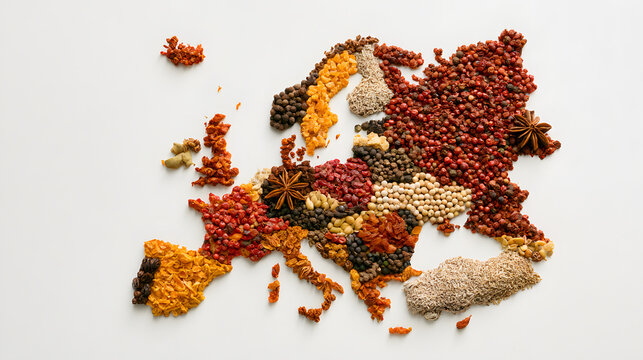 Europe map meticulously crafted out of various whole european spices, set against a white background