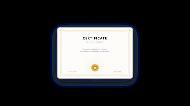 Clean minimalist certificate award reveal animation with gold border and rosette seal.
