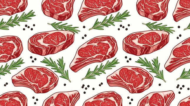 Seamless pattern with raw beef steaks and fresh green rosemary leaves and black pepper for restaurant food menu design