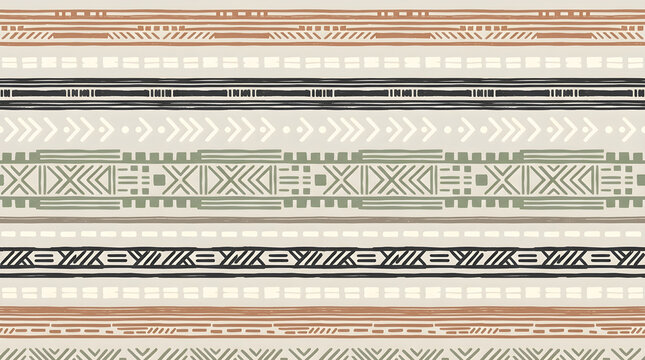 Decorative horizontal tribal inspired geometric border pattern in neutral beige tones for textile prints wallpaper stationery and craft projects