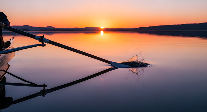 Rowing oars at sunset over calm water.