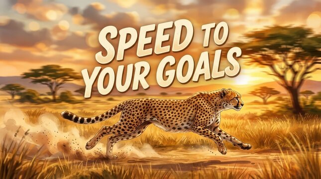 Fast cheetah running in savanna at sunset with text "Speed to Your Goals", symbolizing speed, ambition, and achievement