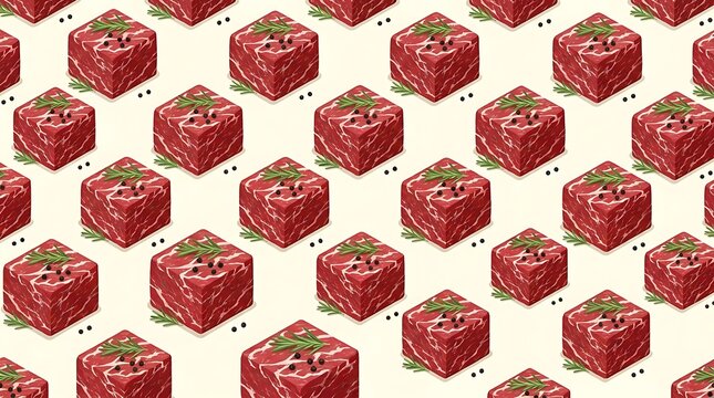 Seamless pattern of raw fresh beef meat cubes with green herbs and black pepper spice on a simple grid layout