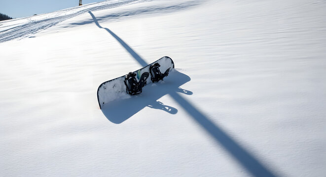 Snowboard resting on fresh powder snow slope.