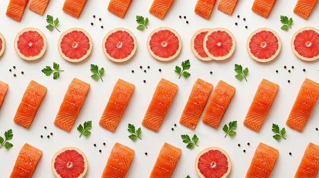 Pattern of fresh grapefruit slices and salmon fish fillets with green parsley herbs arranged on a flat surface view