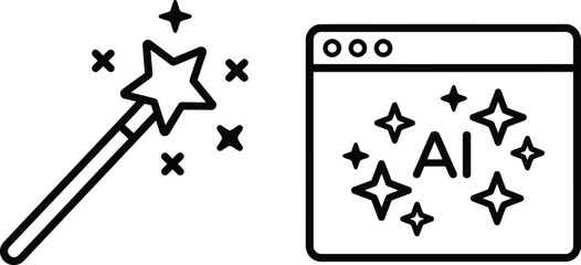 Fototapeta premium Artificial intelligence and AI tool vector illustration with magic wand and browser window.