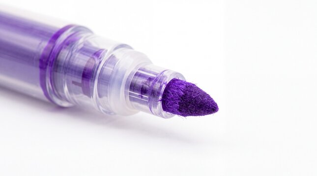 Purple felt tip marker pen macro shot featuring bright vibrant ink sitting on white background