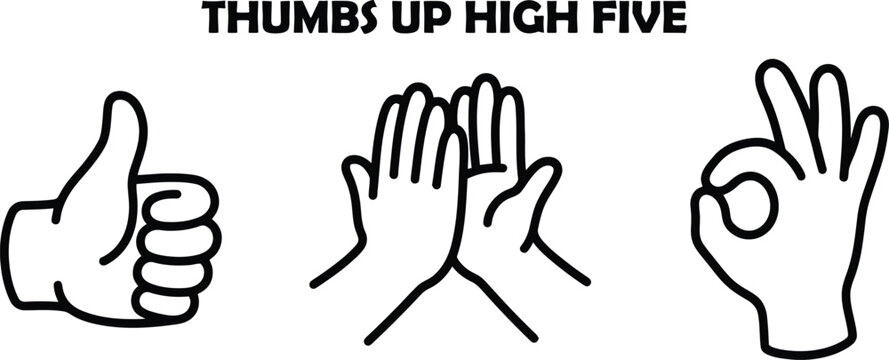 Hand gestures vector icons set with thumbs up, high five and ok sign in bold line art style.