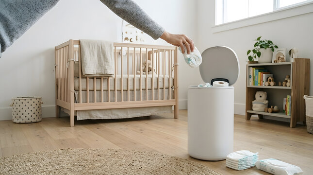 Person Throwing Used Diaper into Nursery Diaper Pail | Throwing Diaper into Odour Control Diaper Bin in Nursery | Close Up Person Disposing Diaper in White Nursery Trash Can