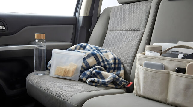 Organized Back Seat of Car with Travel Organizer and Snacks | Car Back Seat Organizer Bag with Water Bottle and Blanket | Travel Comfort Concept with Organizer and Reusable Water Bottle