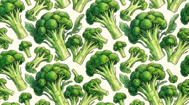Seamless pattern with fresh green broccoli vegetable heads illustration for healthy food design and kitchen wallpaper
