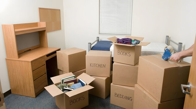 Dorm Room Relocation Concept with Cardboard Moving Boxes | Student Moving Out of College Dorm Room with Packed Boxes | Packing Moving Boxes in Bedroom with Desk and Bed