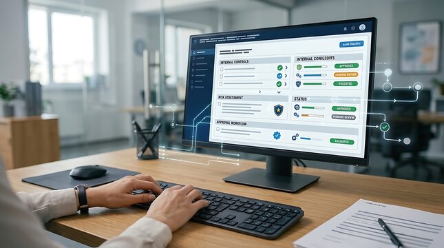 Employee managing internal control audit workflow and compliance tracking on monitor UI.