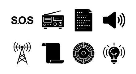 SOS Signal Icons, Radio Communication, Morse Code, Sound Waves, Broadcast Tower, Idea Bulb, Emergency Alert Vector Set © Md