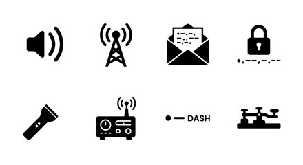 Communication Technology Icons: Volume, Antenna, Email, Lock, Flashlight, Router, Morse Code, Telegraph © Md