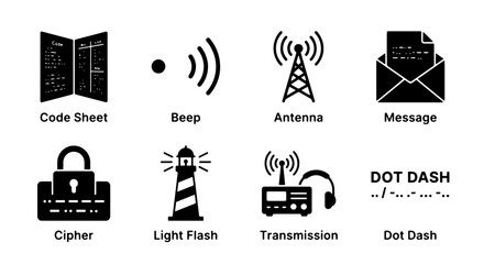 Morse Code Communication Icons: Transmission, Antenna, Cipher, Message, Light Flash, Dot Dash, Code Sheet, Beep Symbols © Md